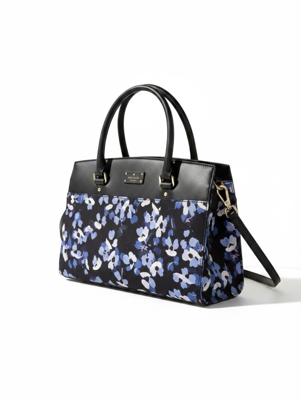 Kate Spade New York Floral Tote Bag Black Leather Top Blue Flower Print - Picture 2 of 10